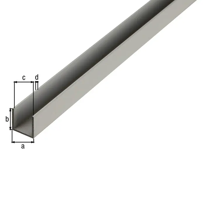 Alberts U-Profil - 2.600 x 25 x 25 mm, Stärke: 2 mm, Natur, Unbehandelt - Abbildung eines U-förmigen Metallprofils mit Beschriftung der Dimensionen a, b, c und d.