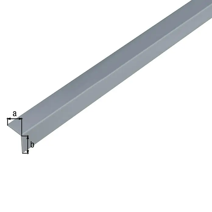 Alberts Winkelprofil - 2.600 x 25 x 15 mm, Stärke: 1 mm, Kunststoff, Aluminiumgrau - Das Bild zeigt ein L-förmiges Aluminiumprofil in Grau mit den Maßen a und b. Ideal für Konstruktion & Design.