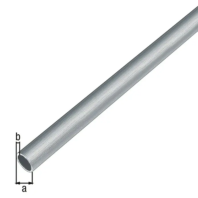 Alberts Rundrohr - Edelstahldesign hell, Ø x L: 8 x 1.000 mm, Aluminium - Eine Nahaufnahme eines silbernen Metallrohrs, das schräg vor einem weißen Hintergrund platziert ist und mit 'a' und 'b' beschriftet ist.