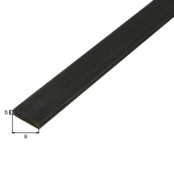 Kantoflex Flachprofil - 2.000 x 10 x 4 mm, Stärke: 4 mm, Stahl, Stahl warmgewalzt - Abbildung eines schwarzen Flachstahls mit den Maßen a und b, der sich ideal für verschiedene Bau- und Reparaturprojekte eignet.