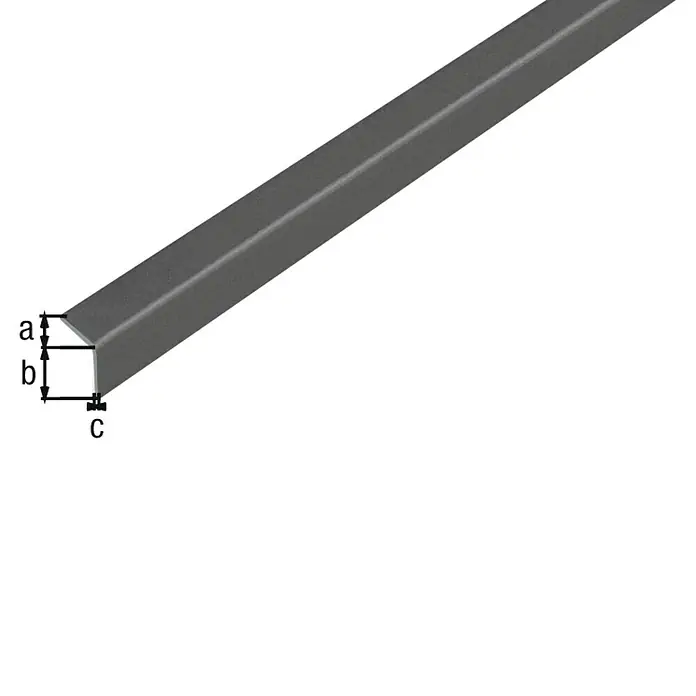Alberts Winkelprofil selbstklebend - 1.000 x 20 x 20 mm, Stärke: 1,5 mm, Kunststoff, Grau Metallic - Winkelprofil aus grauem Metall, dargestellt mit Beschriftungen a, b und c, die die Abmessungen des Profils angeben.