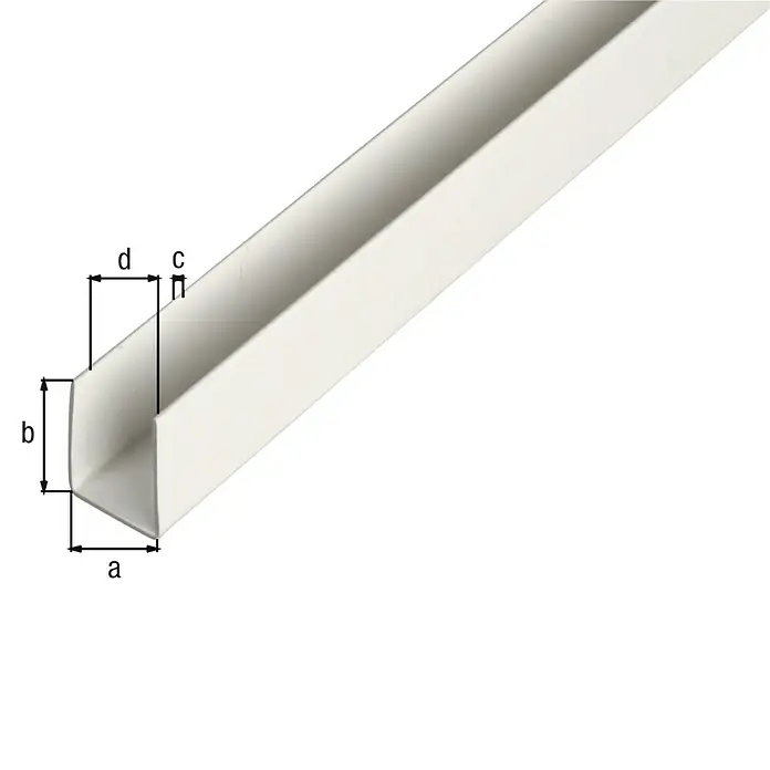 Alberts U-Profil - 1.000 x 21 x 10 mm, Stärke: 1 mm, Kunststoff, Weiß - Nahaufnahme eines weißen Kabelkanals mit Beschriftung der Abmessungen für Bau oder Renovierung.