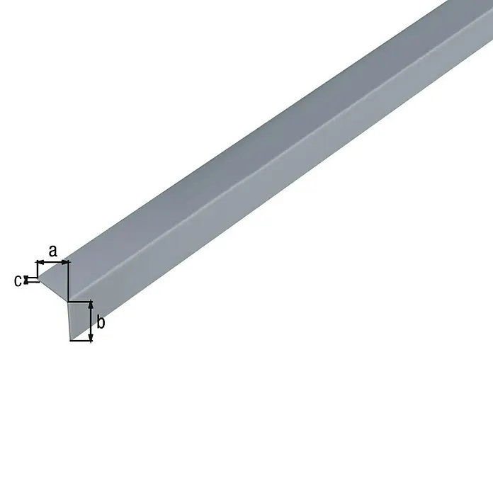 Alberts Winkelprofil - 1.000 x 20 x 20 mm, Stärke: 1 mm, Kunststoff, Aluminiumgrau - Nahaufnahme eines L-förmigen Metallprofils, das für Konstruktionen und zur Verstärkung verwendet wird. Die Details sind sichtbar.