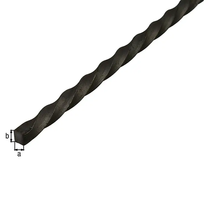 Alberts Vierkantrohr - 2.000 x 8 x 8 mm, Stärke: 8 mm, Stahl, Silber - Nahaufnahme einer gedrehten Vierkantstange aus Metall mit den Maßen a und b, die ihre robuste Konstruktion hervorhebt.
