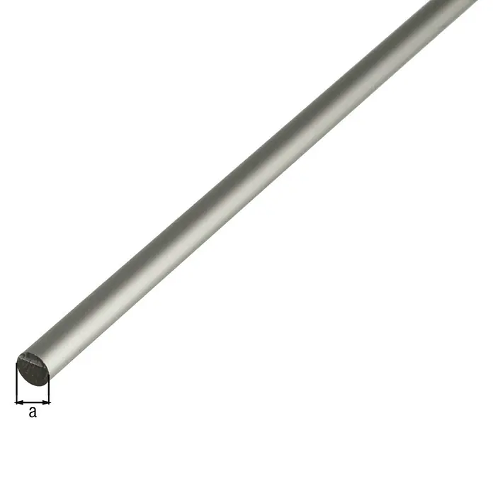 Alberts Rundstange - Ø x L: 6 x 2.000 mm, Aluminium - Das Bild zeigt eine halbrunde Leiste aus Aluminium, die in einem Winkel von links unten nach rechts oben verläuft. Die Leiste ist silbern und hat eine glatte Oberfläche.