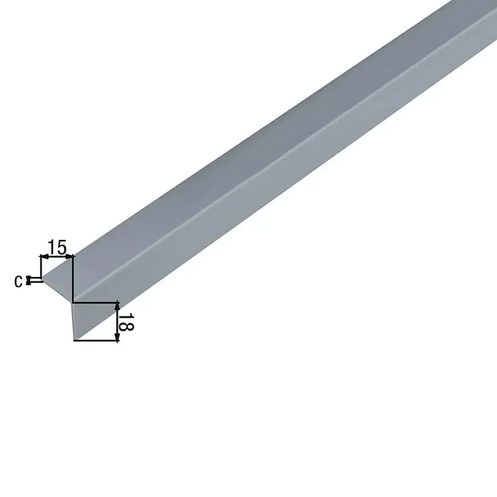 Alberts Winkelprofil - 2.600 x 20 x 20 mm, Stärke: 1 mm, Kunststoff, Aluminiumgrau - Nahaufnahme eines Winkelprofils mit den Maßen 15 und 18, dargestellt in einer technischen Zeichnung.
