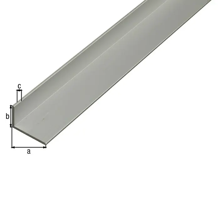 Alberts Winkelprofil - 1.000 x 50 x 20 mm, Stärke: 2 mm, Silber - Nahaufnahme eines Aluminium-Winkelprofils mit Maßangaben.