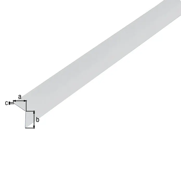 Alberts Winkelprofil - 2.600 x 20 x 20 mm, Stärke: 1 mm, Kunststoff, Transparent - Abbildung eines Aluminiumprofils mit den Maßen a, b und c. Das Profil ist grau und hat eine L-Form.