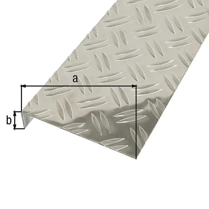 Alberts Riffelblech - L x B x H: 1.000 x 135 x 30 mm, Stärke: 1,5 mm, Aluminium - Bild einer Aluminium-Riffelblech-Treppenkante mit den Maßen a und b.