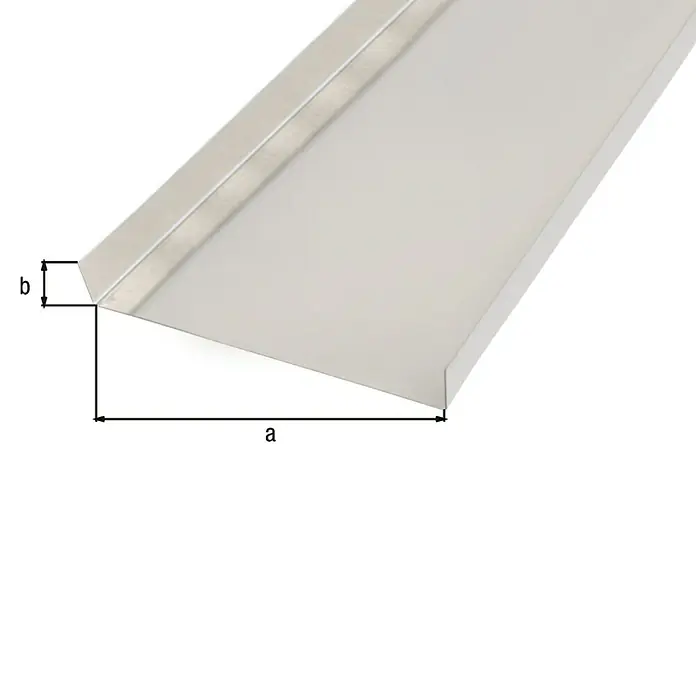 Alberts Glattblech gekantet - L x B x H: 1.000 x 130 x 18 mm, Stärke: 0,5 mm, U-Form, Aluminium - Abbildung eines Kantenschutzprofils aus Metall mit den Maßen a und b zur Darstellung der Abmessungen.
