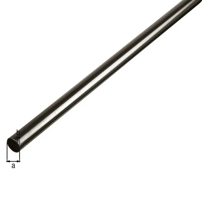Alberts Rundrohr - Ø x L: 16 x 1.000 mm, Stahl - Nahaufnahme eines metallischen Rundrohrs mit Markierungen "a" und "b", das Details der Materialbeschaffenheit und Form hervorhebt.