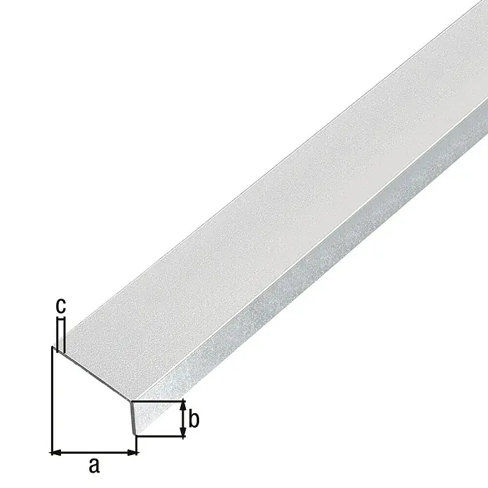 Alberts Winkelprofil selbstklebend - 1.000 x 20 x 10 mm, Stärke: 1 mm, Aluminium, Silber - Nahaufnahme eines Aluminiumprofils mit den Maßen a, b und c für Bauanwendungen.