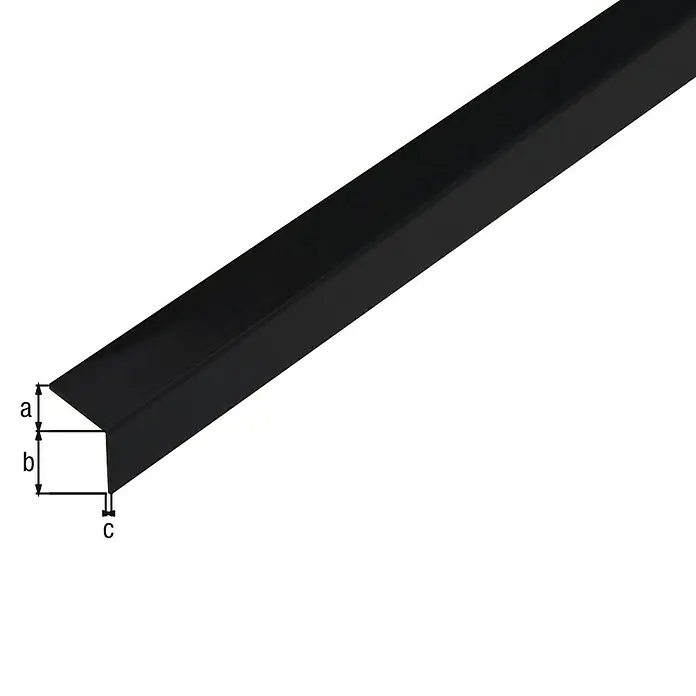 Alberts Winkelprofil selbstklebend - 1.000 x 20 x 20 mm, Stärke: 1,5 mm, Kunststoff, Schwarz glänzend - Das Bild zeigt ein L-förmiges Aluminiumprofil in Schwarz, das durch die Buchstaben a, b und c gekennzeichnet ist.