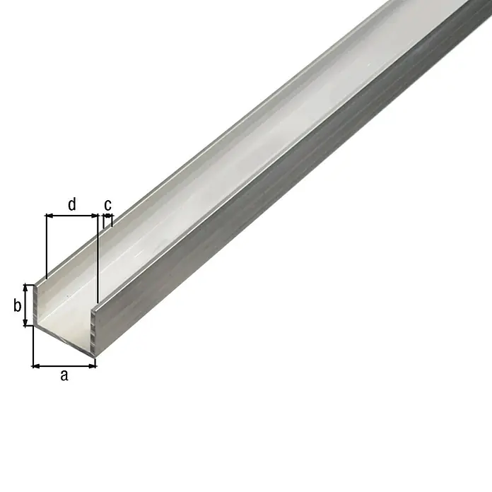 Alberts U-Profil - 1.000 x 16 x 13 mm, Stärke: 1,5 mm, Aluminium, Natur, Naturbelassen - Abbildung eines Aluminiumprofils mit den Maßen a, b, c und d, das die Form und die Konstruktionsdetails des Produkts zeigt.