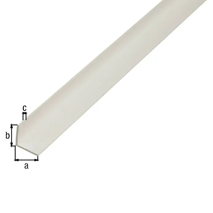 Alberts Winkelprofil - 1.000 x 7 x 7 mm, Stärke: 1 mm, Kunststoff, Weiß - Abbildung eines weißen Kunststoff-Eckprofils mit den Maßen a, b und c.