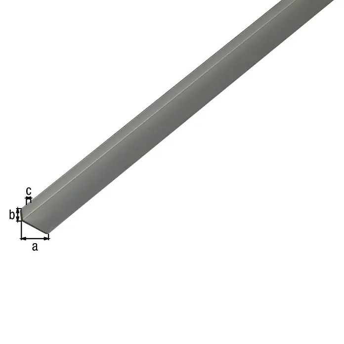 Alberts Winkelprofil - 2.000 x 19 x 8 mm, Stärke: 1,6 mm, Silber - Nahaufnahme eines Metallprofils mit den Beschriftungen a, b und c zur Kennzeichnung der Abmessungen des Produkts.
