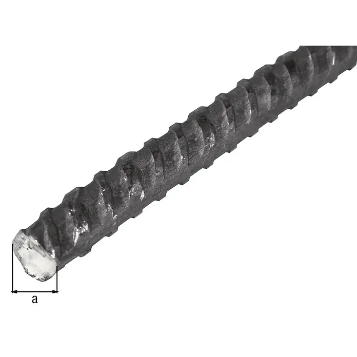 Alberts Torstahl - Ø x L: 10 x 2.000 mm, Stahl - Nahaufnahme einer einzelnen gerippten Stahlbewehrungsstange, die in der Bauindustrie verwendet wird.