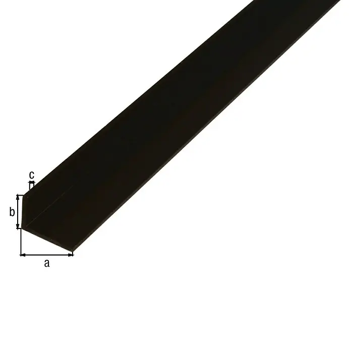 Alberts Winkelprofil - 1.000 x 30 x 20 mm, Stärke: 3 mm, Kunststoff, Schwarz - Abbildung eines schwarzen Winkelprofils mit den Maßen a, b und c, das in einem Winkel angeordnet ist.