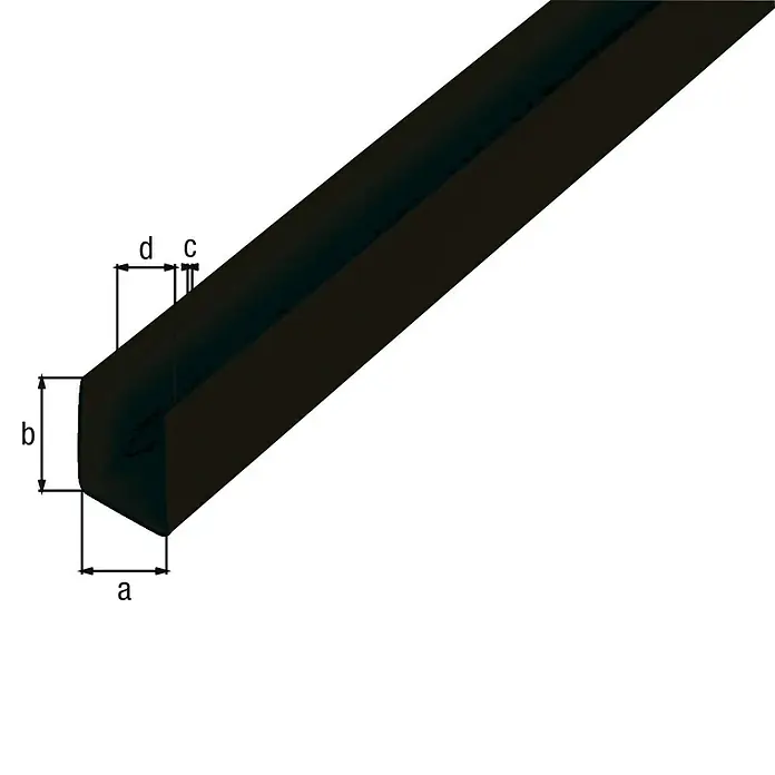 Alberts U-Profil - 1.000 x 18 x 10 mm, Stärke: 1 mm, Kunststoff, Schwarz - Produktabbildung eines U-förmigen Dichtungsprofils mit den Abmessungen a, b, c und d, ideal für vielfältige Anwendungen.