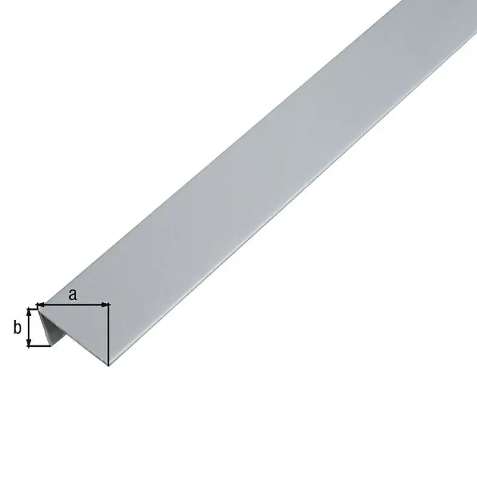 Alberts Winkelprofil - 1.000 x 25 x 15 mm, Stärke: 1 mm, Kunststoff, Aluminiumgrau - Bild eines grauen Aluminiumprofils mit den Maßen a und b, das für verschiedene Anwendungen im Bauwesen geeignet ist.