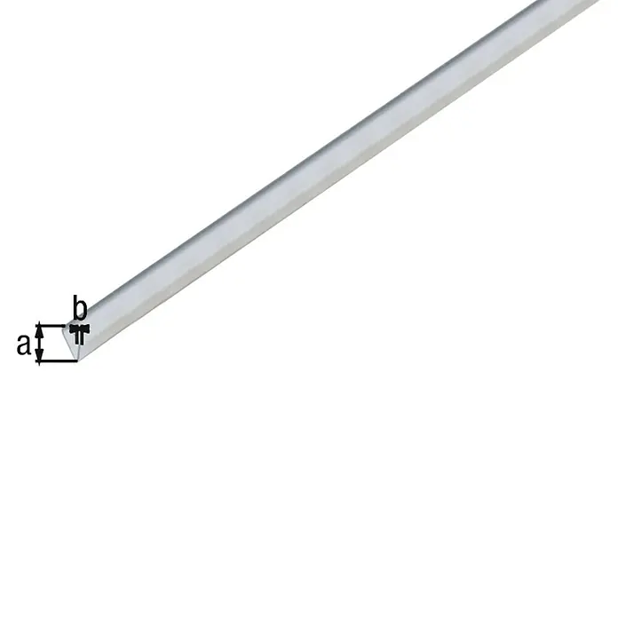 Alberts Klemmprofile - 1.000 x 15 x 0,9 mm, Stärke: 0,9 mm, Kunststoff, Transparent - Auf dem Bild ist ein V-förmiges Aluminiumprofil mit den Maßen a und b dargestellt. Das Profil ist in einem hellen Silberton gehalten.