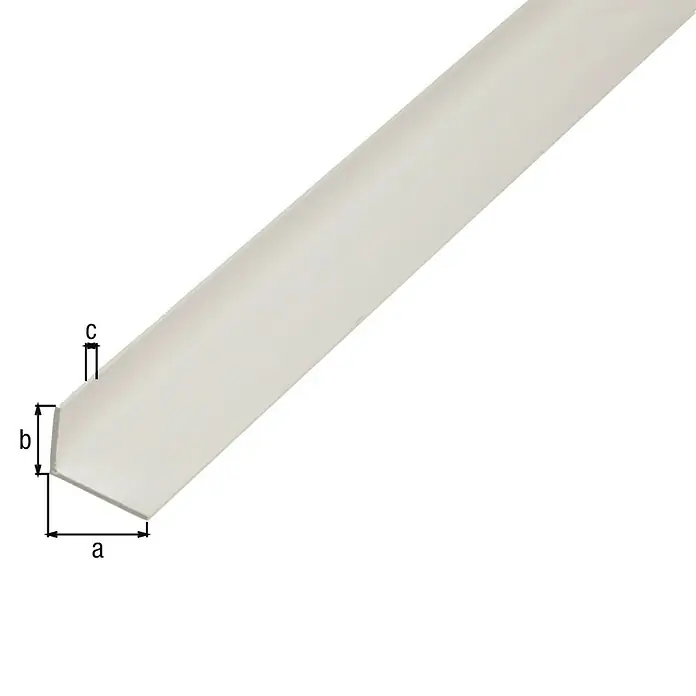 Alberts Winkelprofil - 1.000 x 25 x 15 mm, Stärke: 1 mm, Kunststoff, Weiß - Abbildung eines Eckprofils mit den Maßen a, b und c, das eine klare Darstellung der Produktabmessungen ermöglicht.