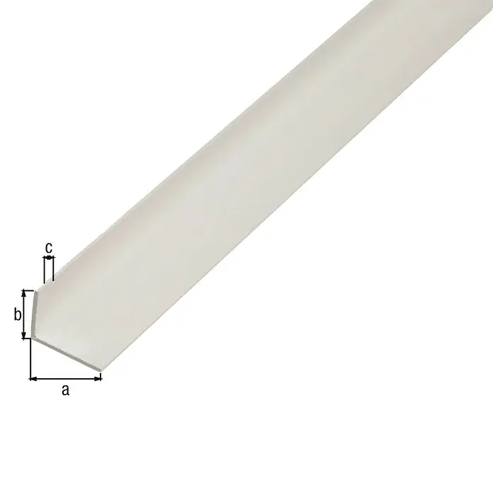 Alberts Perfil angular - 2.600 x 20 x 10 mm, Espesor: 1,5 mm, Plástico, Blanco - Perfil angular de plástico, ideal para acabados limpios y protección de esquinas. Dimensiones marcadas con a, b y c.