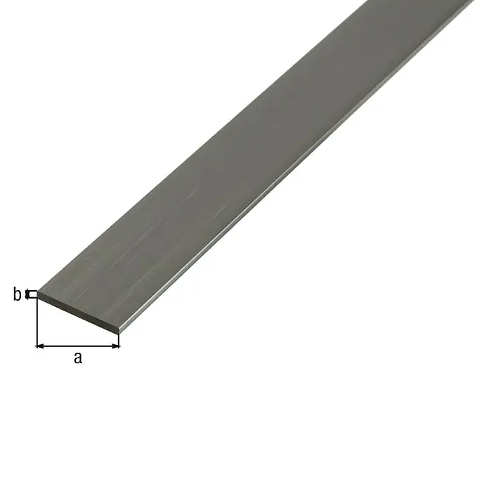 Alberts Flachprofil flach - L x B x S: 2.600 x 20 x 2 mm, Aluminium, Natur - Flachstahl mit Beschriftung "a" und "b" zur Dimensionsangabe. Präzise Darstellung des Metallprodukts für technische Anwendungen.