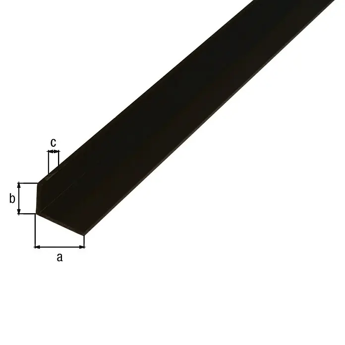 Alberts Winkelprofil - 2.600 x 20 x 10 mm, Stärke: 1,5 mm, Kunststoff, Schwarz - Das Bild zeigt ein L-förmiges, schwarzes Metallprofil mit den Abmessungen a, b und c.