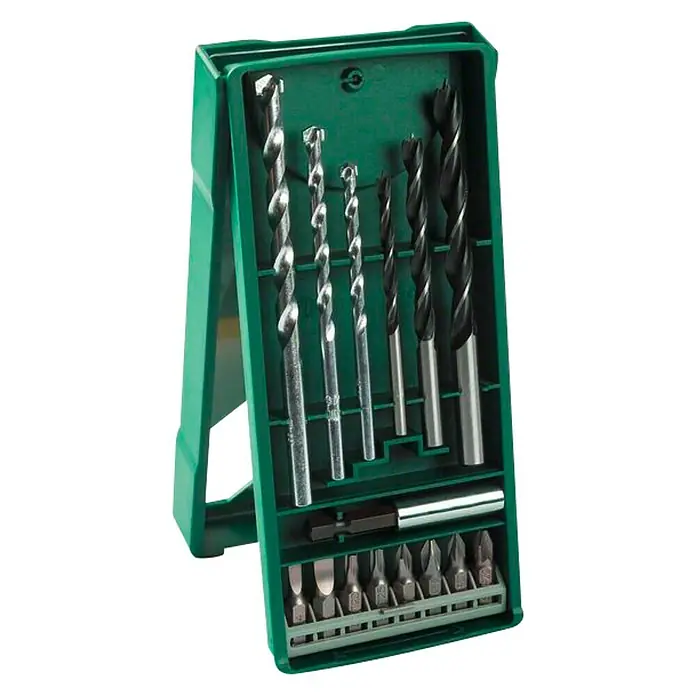 Bosch X - Line Mini Maletín de brocas y puntas - Idoneidad de material: Baldosas, 15 ud. - Un juego de brocas verde en una caja con bisagras, con una variedad de tamaños de brocas y puntas de destornillador para aplicaciones versátiles.