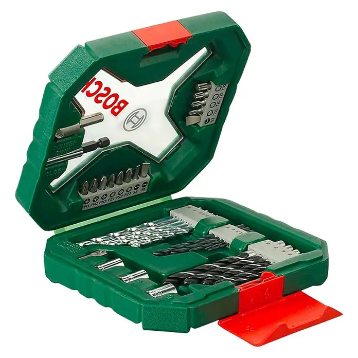 Bosch X - Line Classic Maletín de brocas y puntas - 34 pzs., Apto para: Atornillador de batería - La imagen muestra un juego de brocas Bosch verde con un acento rojo, que contiene una variedad de brocas y controladores para diferentes aplicaciones de perforación.