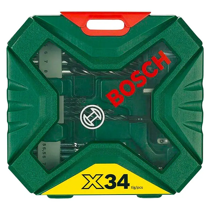 Bosch X - Line Classic Maletín de brocas y puntas - 34 pzs., Apto para: Atornillador de batería - Imagen de un juego de brocas Bosch X34 piezas en una caja verde con mango rojo y etiqueta amarilla.