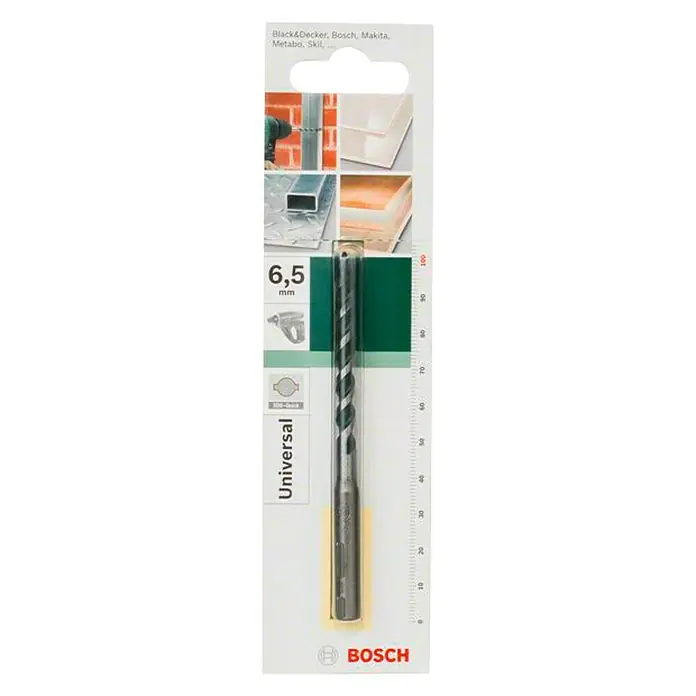 Bosch Broca universal - 1 ud., Diámetro de la broca: 6,5 mm - Broca universal de 6,5 mm de Bosch en su embalaje, adecuada para diversos materiales y taladros, diseñada para una perforación precisa.