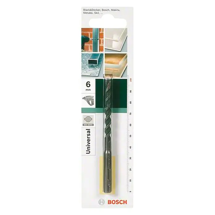 Bosch Universalbohrer - Durchmesser Bohrer: 6 mm, 55 mm - Nahaufnahme eines Bosch Universal 6mm Bohrers, ideal für verschiedenste Materialien, in seiner Originalverpackung.