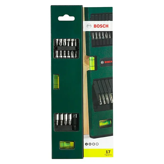 Bosch Set de puntas - 17 pzs. - Primer plano del juego de herramientas Bosch de 17 piezas con puntas de destornillador y mini niveles de burbuja en embalaje verde.