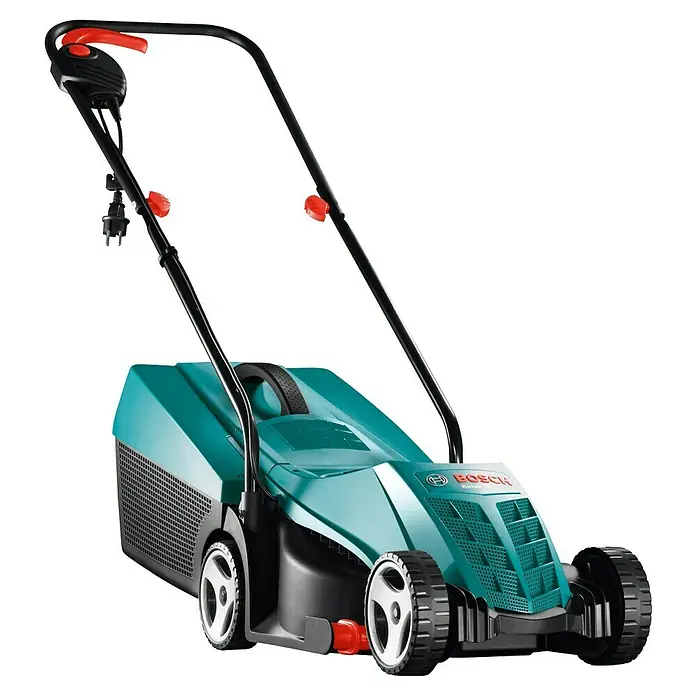Bosch Elektro-Rasenmäher Rotak 32 - 1.200 W, Schnittbreite: 32 cm - Dieses Bild zeigt einen Bosch Rotak Rasenmäher mit einem grünen Gehäuse, schwarzen Rädern und einem roten Griff auf einem schwarzen Hintergrund.