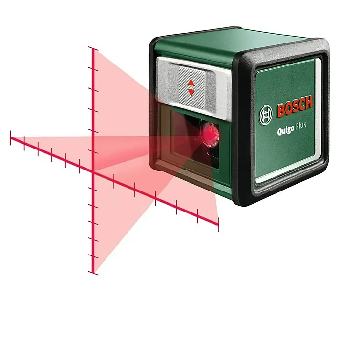 Bosch Kreuzlinienlaser Quigo Plus - Max. Arbeitsbereich: 7 m - Darstellung eines Bosch Quigo Plus Kreuzlinienlaser, der präzise, rote Linien projiziert, ideal für genaue Ausrichtung bei Heimwerkerprojekten.