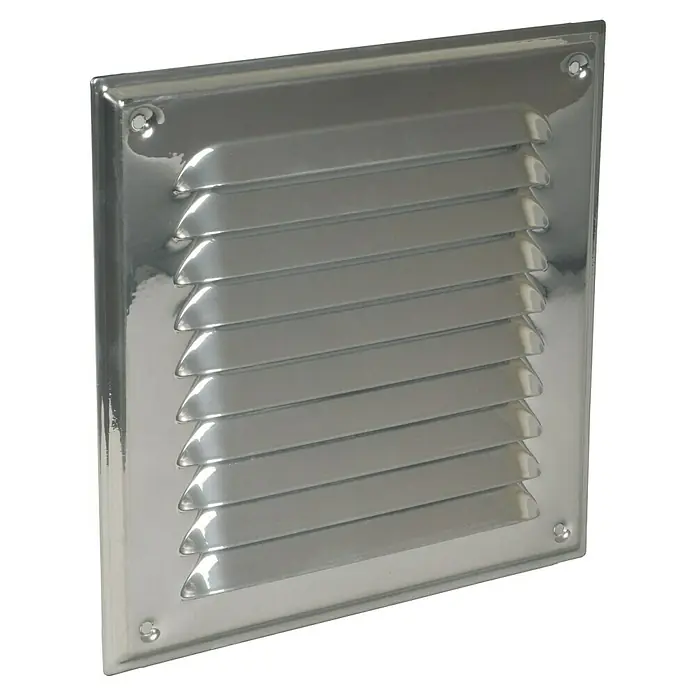 Air-Circle Abdeckgitter - 15 x 15 cm, Aluminium - Nahaufnahme eines glänzenden, quadratischen Lüftungsgitters aus Metall mit Lamellen und Befestigungslöchern an den Ecken.