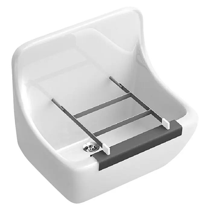 Villeroy & Boch O.novo Ablagerost - Passend für: Villeroy & Boch O.novo Ausgussbecken - Nahaufnahme eines weißen Keramik-Waschbeckens mit integriertem Gestell für Komfort und Organisation im Badezimmer.