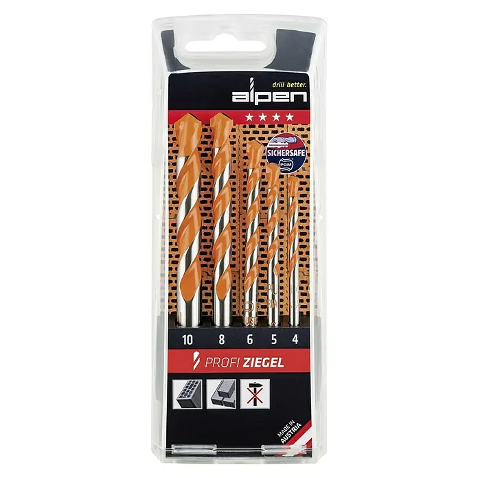 Alpen Beton- & Steinbohrer Profi Ziegel - 5 -tlg., Durchmesser Bohrer: 10 mm - Eine Packung Alpen Profi Ziegel Bohrer, die verschiedene Größen für professionelles Bohren in Ziegel und Mauerwerk enthält.