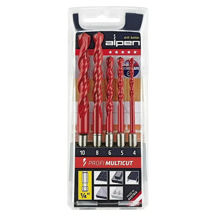 Alpen Universalbohrer Profi Multicut - 5 Stk., Durchmesser Bohrer: 10 mm, Sechskant - Packung Alpen Profi Multicut Bohrer-Set mit fünf roten Bohrern in den Größen 4 bis 10 mm, ideal für präzise und vielseitige Bohranwendungen.