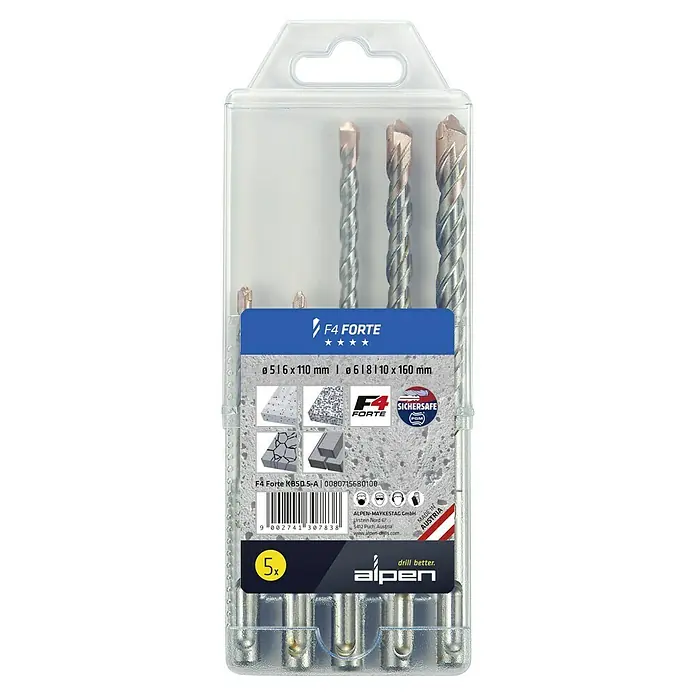 Alpen Beton- & Steinbohrer F4 Forte - 5 -tlg., Durchmesser Bohrer: 10 mm - Bohrer-Set von Alpen F4 Forte mit fünf Bohrern in verschiedenen Größen, ideal für Stein- und Betonarbeiten. Hochwertige Qualität für präzise Ergebnisse.