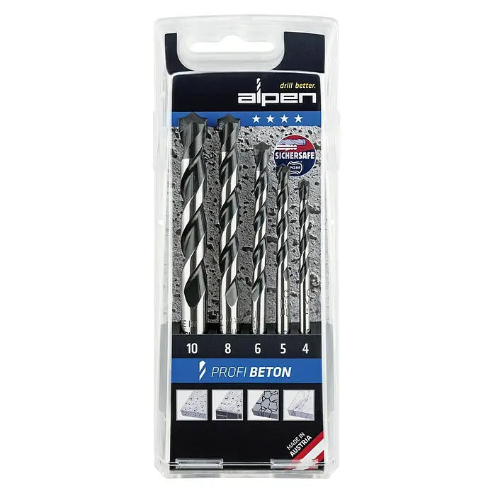 Alpen Beton- & Steinbohrer - 5 -tlg., Durchmesser Bohrer: 4 mm - Alpen Profi Beton-Bohrerset mit fünf Bohrern in den Größen 4 mm bis 10 mm, ideal für Betonarbeiten.
