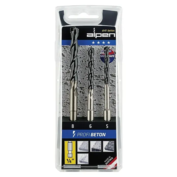 Alpen Beton- & Steinbohrer Profi Beton - 3 -tlg., Durchmesser Bohrer: 8 mm - Alpen Profi Beton Bohrer-Set mit drei Bohrern in den Größen 5, 6 und 8 mm, ideal für Betonarbeiten und mit 1/4"-Schaft für schnellen Wechsel.