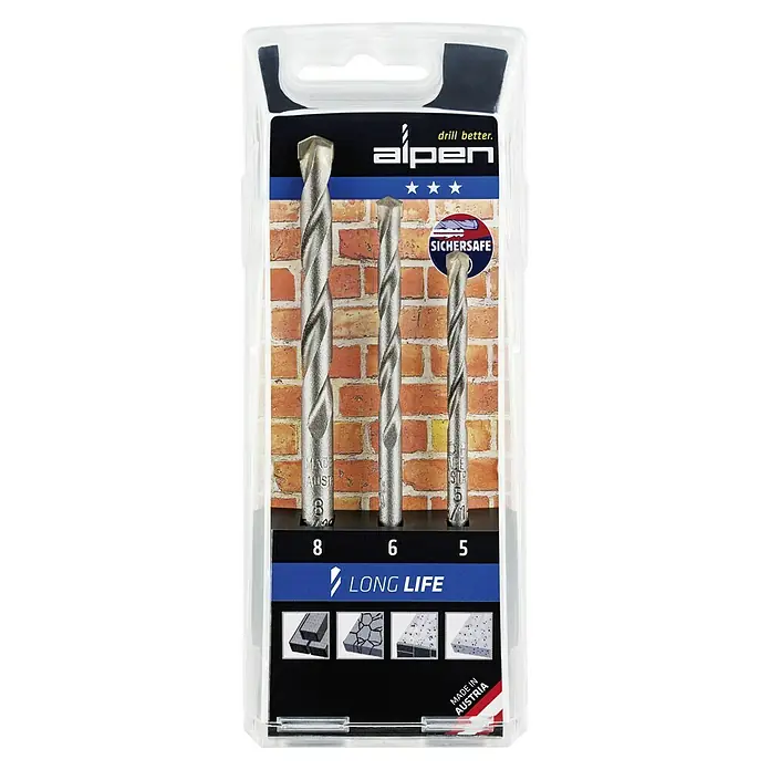 Alpen Beton- & Steinbohrer Long Life TSS 3 - 3 -tlg., Durchmesser Bohrer: 8 mm - Ein Set Alpen Steinbohrer in den Größen 5, 6 und 8 mm, verpackt in einer transparenten Kunststoffhülle.