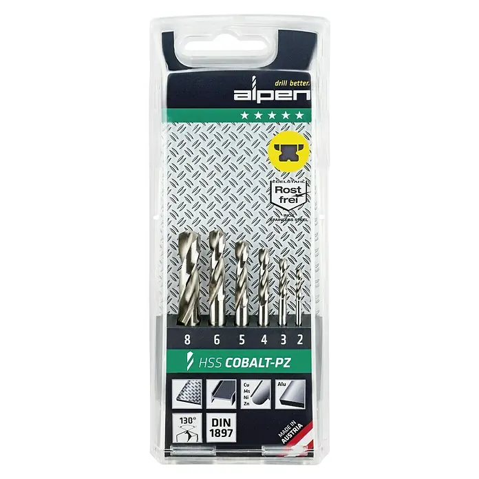 Alpen Metallbohrer HSS Cobalt-PZ - Durchmesser Bohrer: 6 mm - Eine Packung Alpen HSS Cobalt-PZ Bohrer in den Größen 8, 6, 5, 4, 3 und 2. Ideal für Edelstahl mit 130° Spitze und DIN 1897.