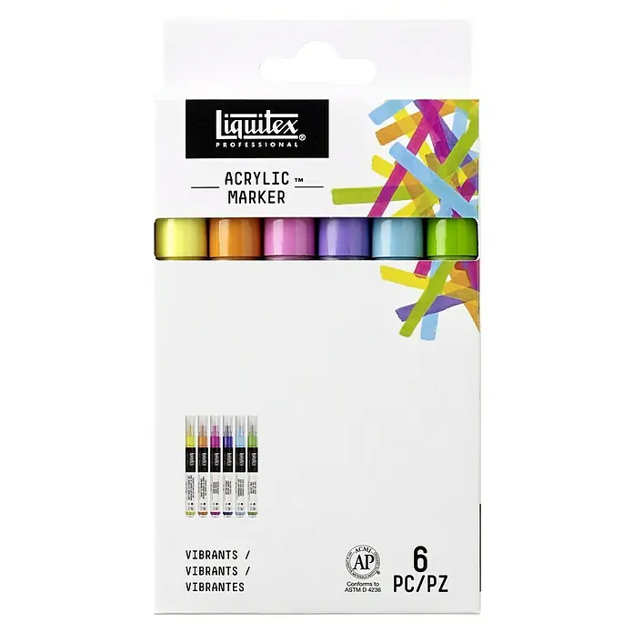 Liquitex Professional Marker-Set Paint Marker Lebendige Töne - 6 Stk., Lebendige Farben, 2 mm, Rechteckige Spitze - Packung Liquitex Professional Acrylmarker, 6 Stück, mit lebendigen Farben für kreative Projekte und detailreiche Kunstwerke.
