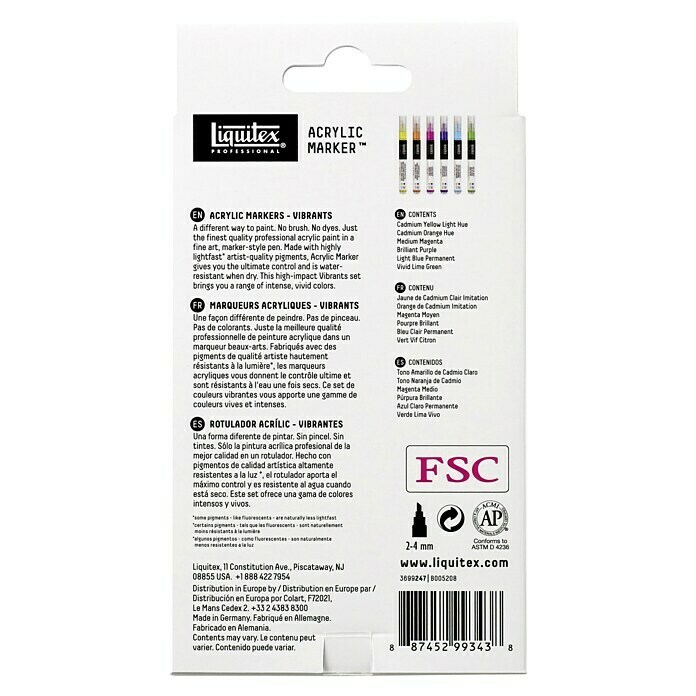 Liquitex Professional Marker-Set Paint Marker Lebendige Töne6 Stk., Lebendige Farben, 2 mm, Rechteckige Spitze Back View