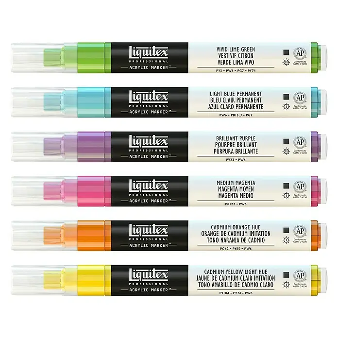Liquitex Professional Marker-Set Paint Marker Lebendige Töne - 6 Stk., Lebendige Farben, 2 mm, Rechteckige Spitze - Nahaufnahme einer Auswahl von Liquitex Professional Acrylmarkern in verschiedenen Farben, ideal für Künstler und Hobbyisten.