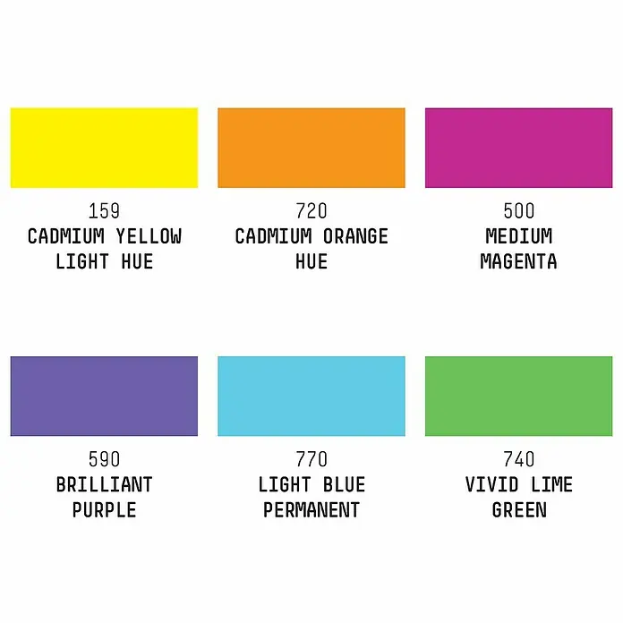 Liquitex Professional Marker-Set Paint Marker Lebendige Töne - 6 Stk., Lebendige Farben, 2 mm, Rechteckige Spitze - Farbmuster mit Kadmiumgelb hell, Kadmiumorange, Medium Magenta, Brillant Purple, Hellblau Permanent, Vivid Lime Grün.